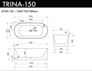 Anika - Fluted Corner Freestanding Bathtub 1500mm